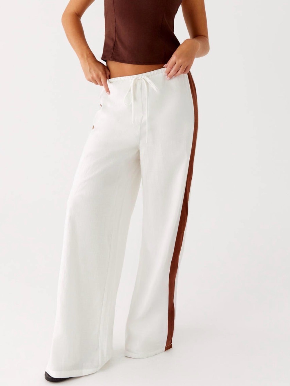 Peppermayo White Wide-Leg Drawstring Pants with Brown Side Stripe